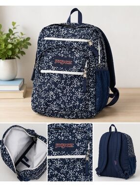 JanSport Big Student Backpack Navy Blue White Floral Multi Pocket School Bag